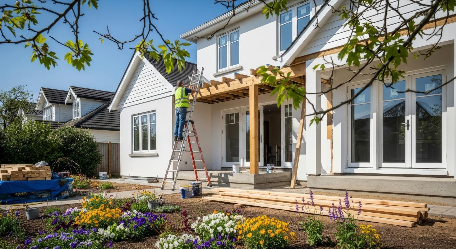 A construction worker on a ladder installs a wooden pergola on a modern white house with a blooming garden, under a clear blue sky, conveying progress and tranquility.