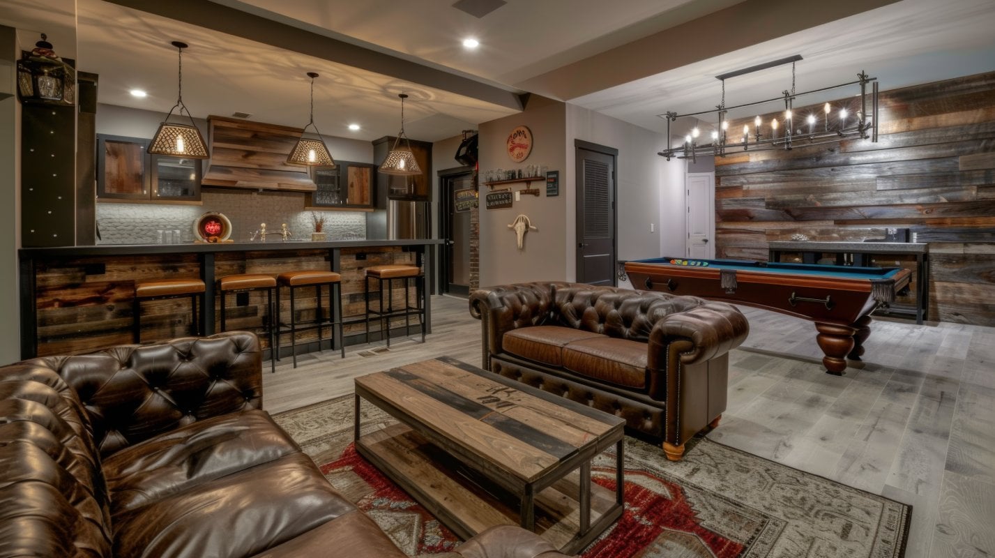 Stylish man cave with leather sofas, rustic wooden walls, a bar with three stools, and a pool table. Warm lighting creates a cozy atmosphere.